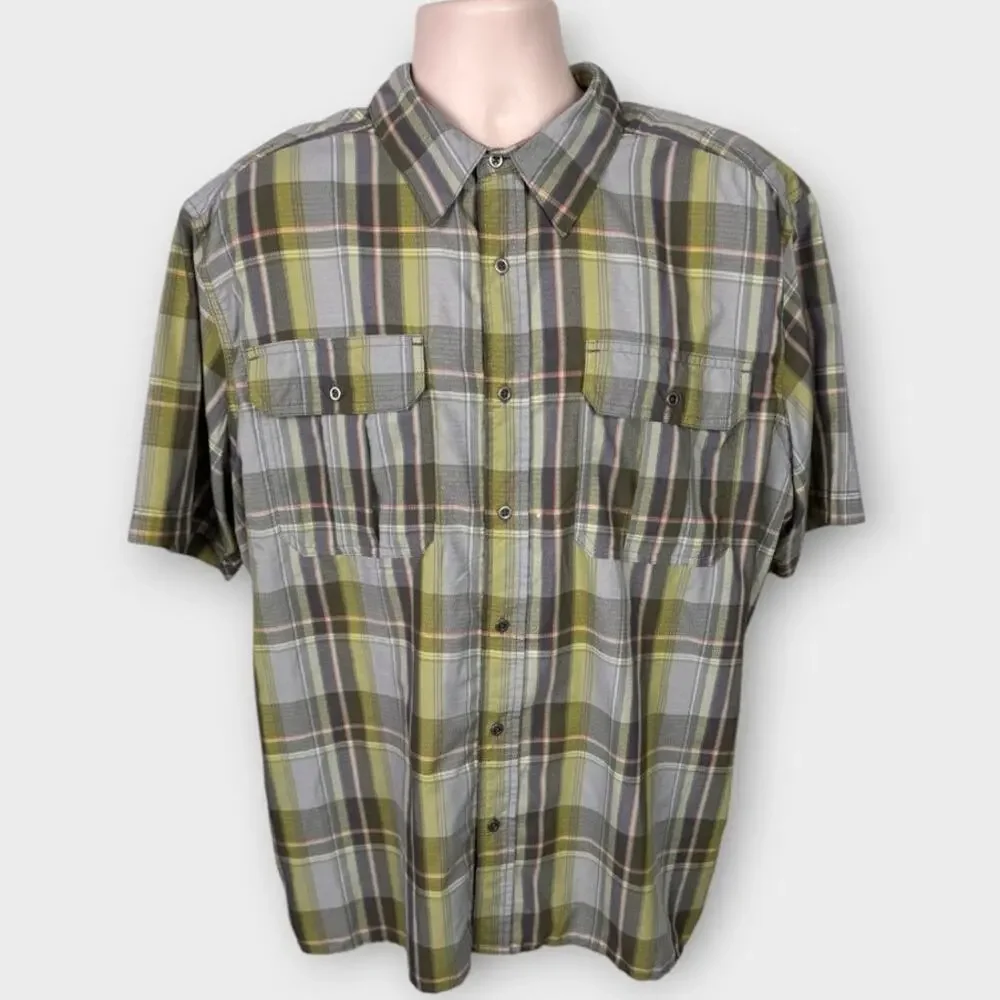 Falls Creek Mens XL Performance Nyon Polyester Green Short Sleeve Plaid Shirt